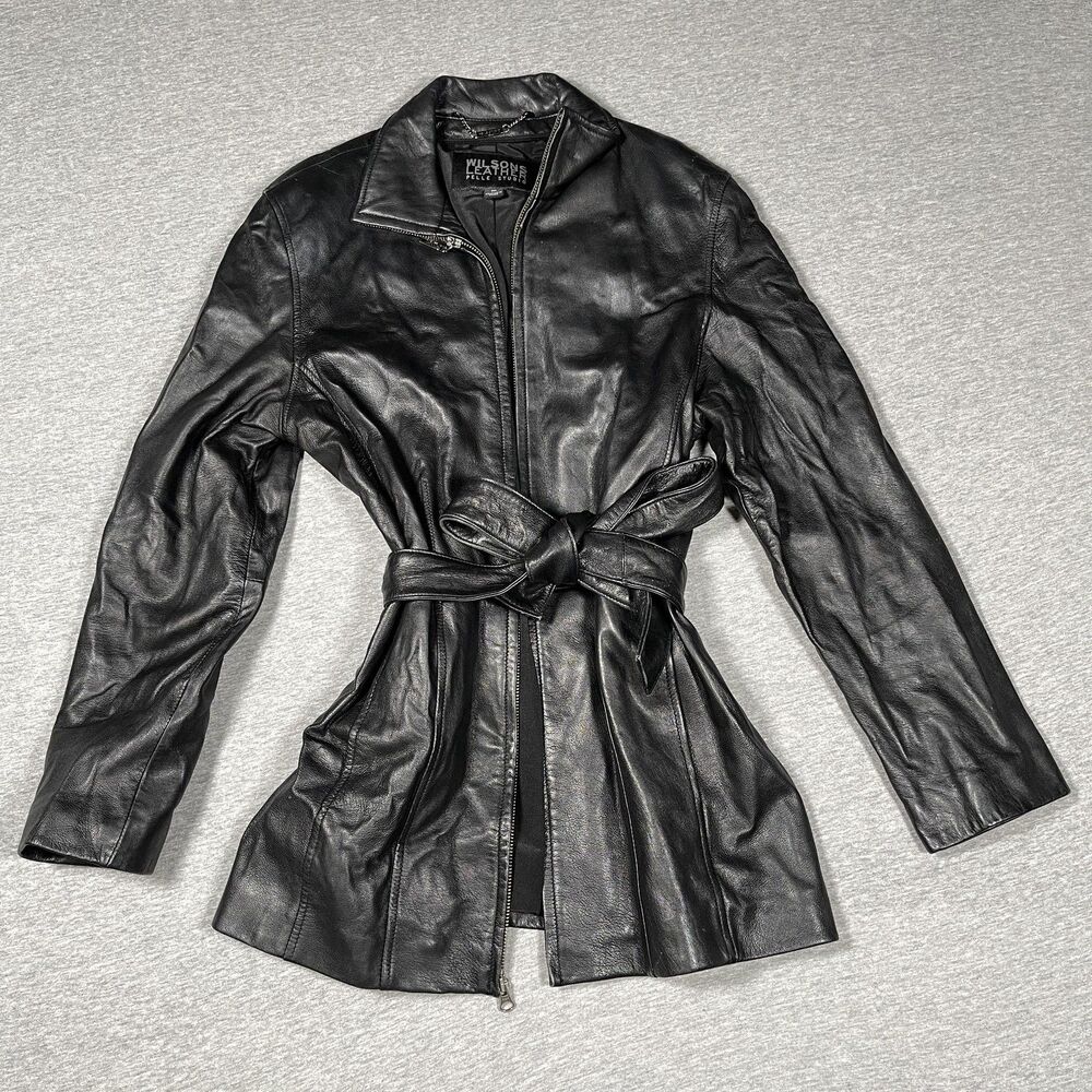 Wilsons Leather Pelle Studio Jacket Womens M Black Belted Leather Mid-Length
